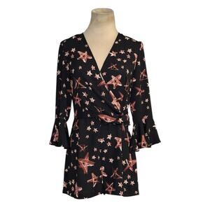 Topshop black brown stars print 3/4 sleeves romper size 4